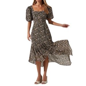 ASTR the Label Floral Puff Sleeve Asymmetrical Hem Midi Dress - Black - Small